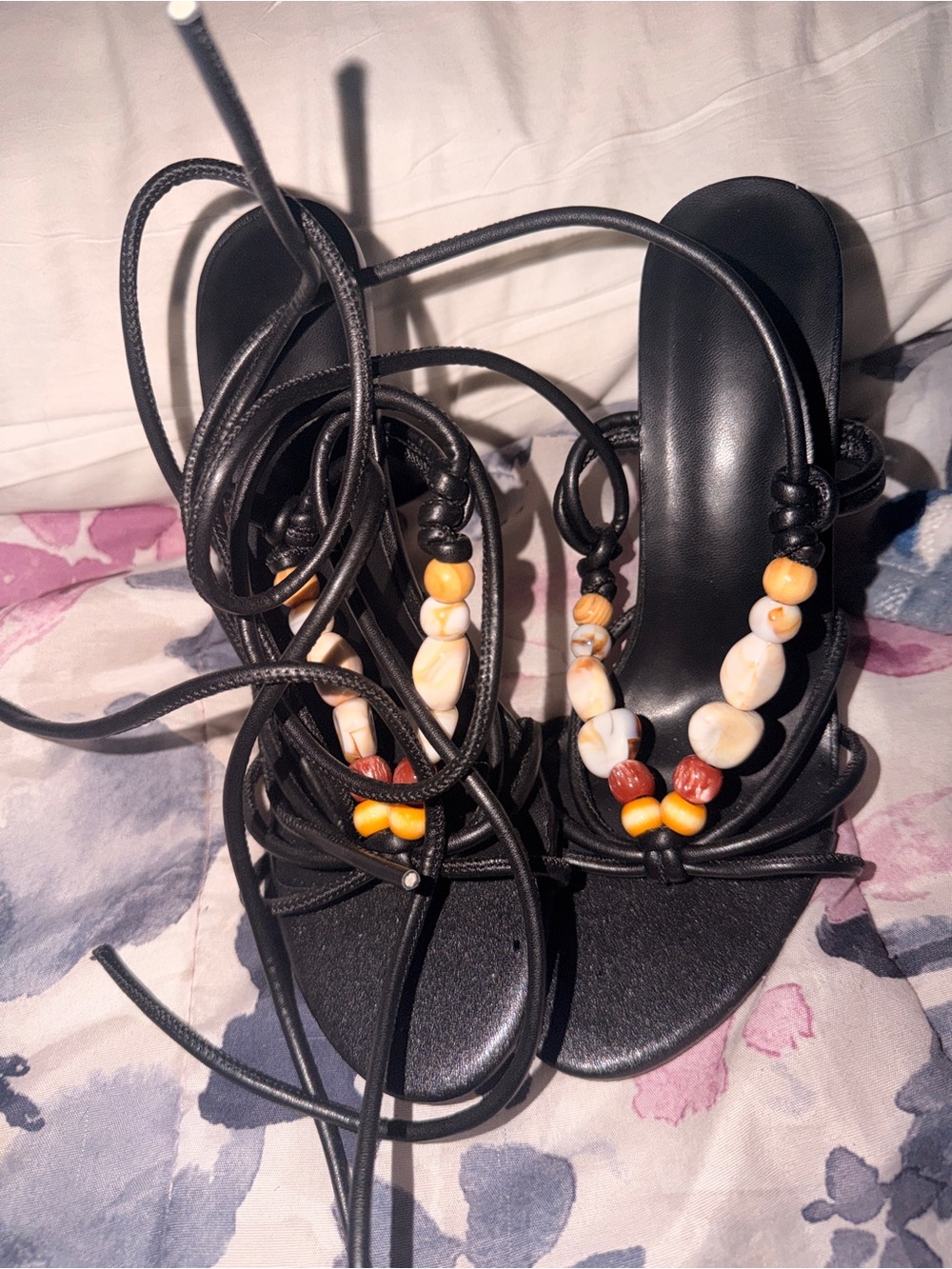 Black Beaded Lace-Up Women's Sandals with Multicolor Beads
